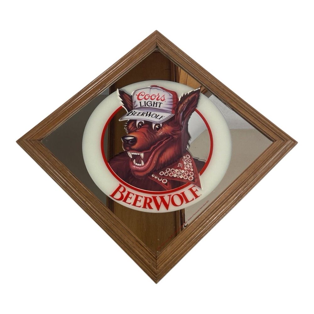 Vtg. Coors Light Beer Wolf Mirror Sign Adolph Coors Co. Bar Decor Man Cave